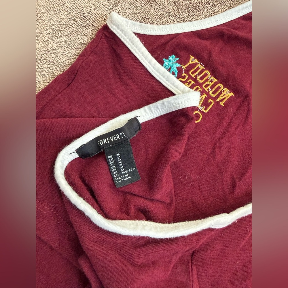 🌴Forever 21 Maroon Nobody Cares Club Embroidered Maroon Halter Crop Top - Medium - Picture 6 of 6
